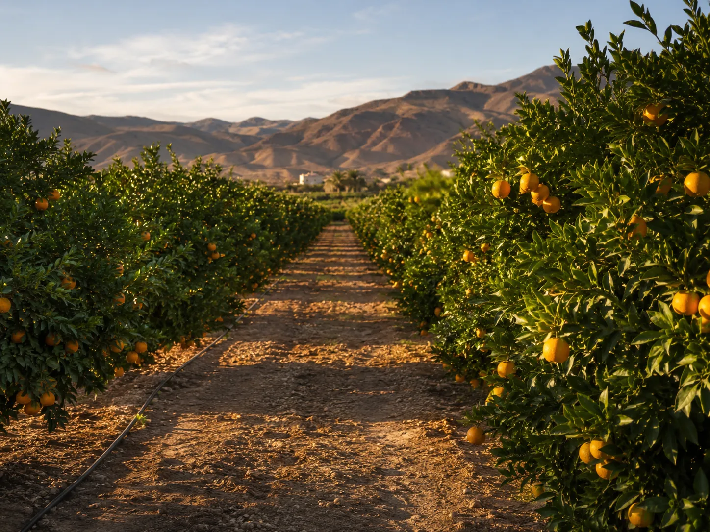 Rangées de vergers d'agrumes avec arbres fruitiers au Maroc